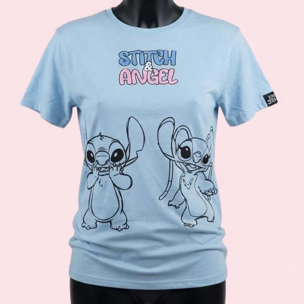 Disney Stitch and Angel Graphic T-Shirt Light Blue Large